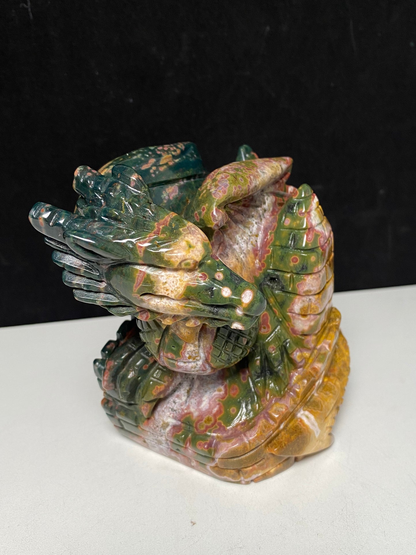 076-Ocean jasper flying dragon on castle carving #1230