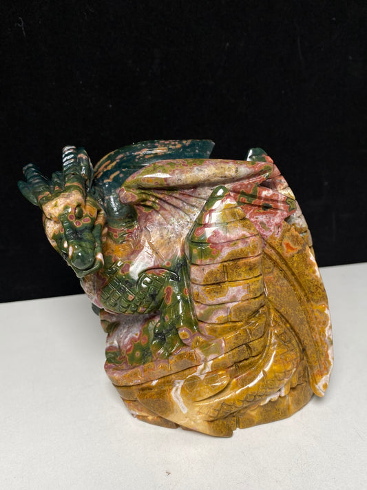 076-Ocean jasper flying dragon on castle carving #1230