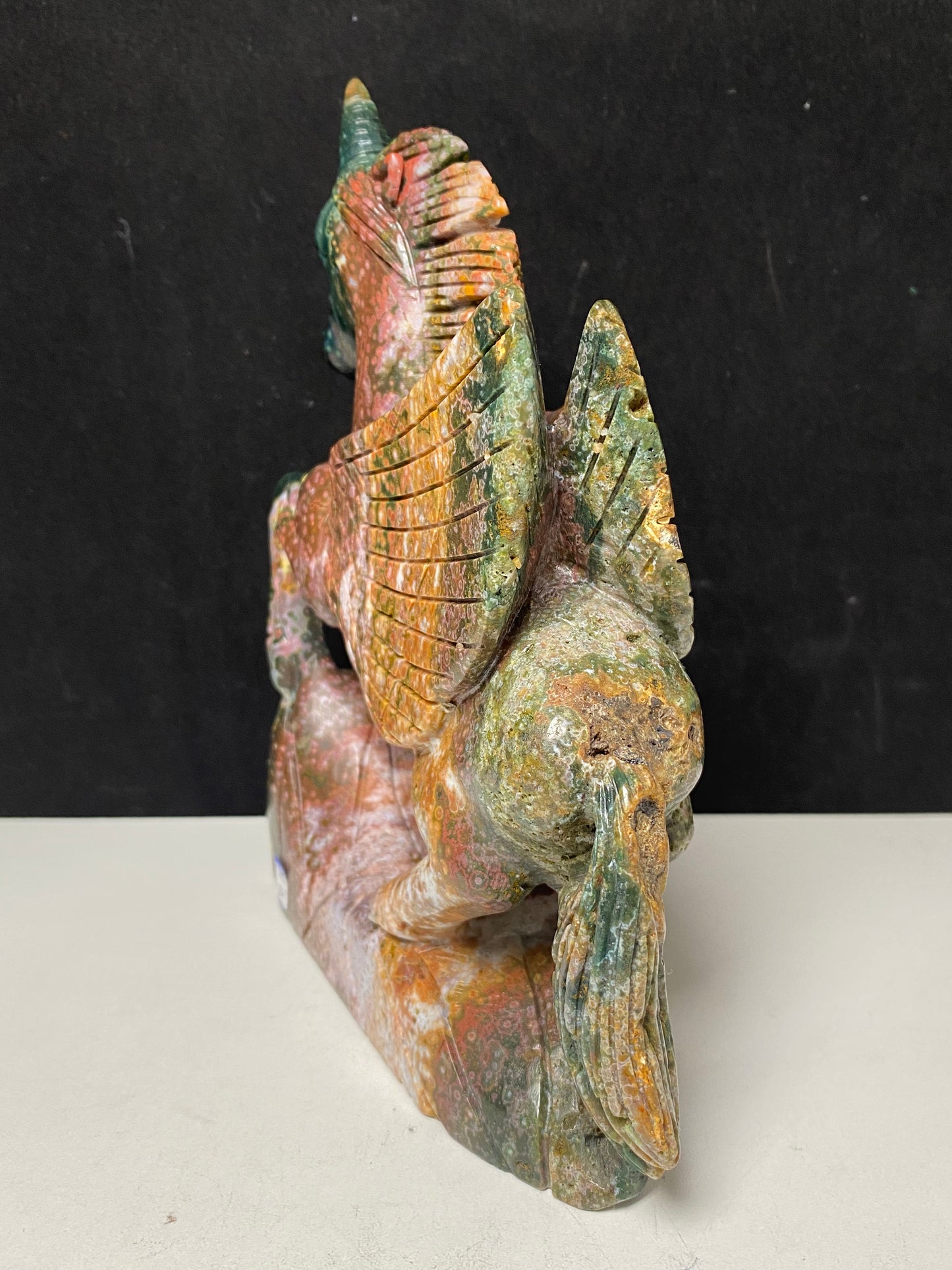 069-Ocean jasper with circles unicorn carving #1605