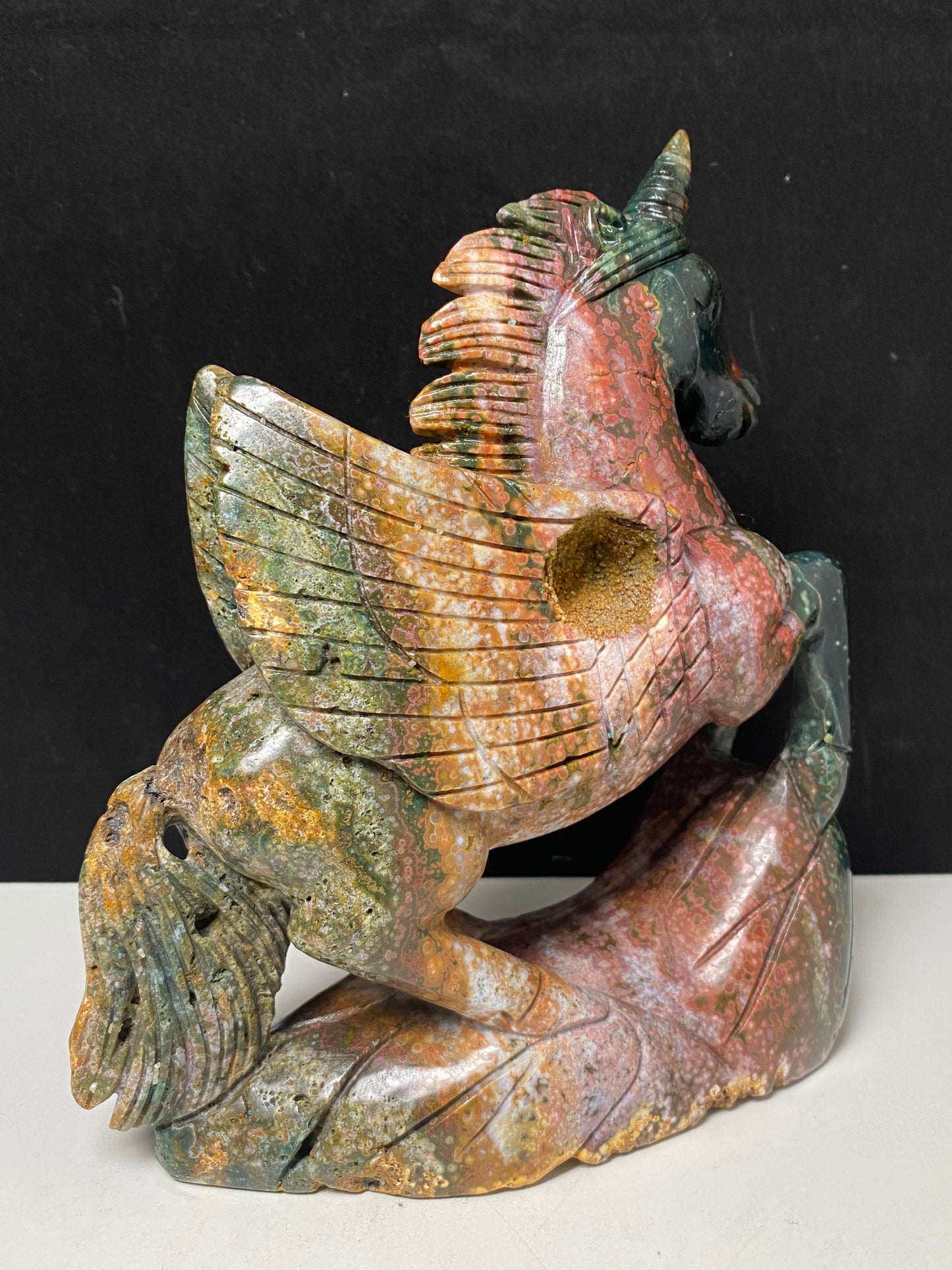 069-Ocean jasper with circles unicorn carving #1605