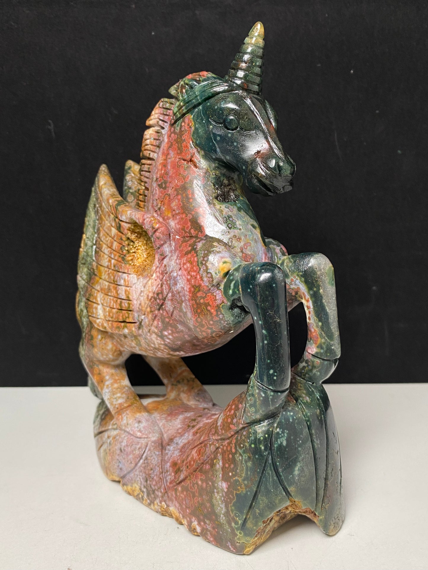 069-Ocean jasper with circles unicorn carving #1605