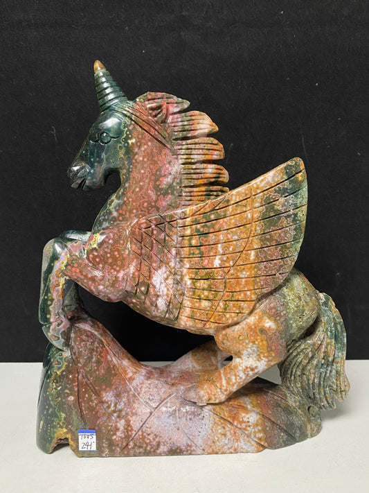 069-Ocean jasper with circles unicorn carving #1605