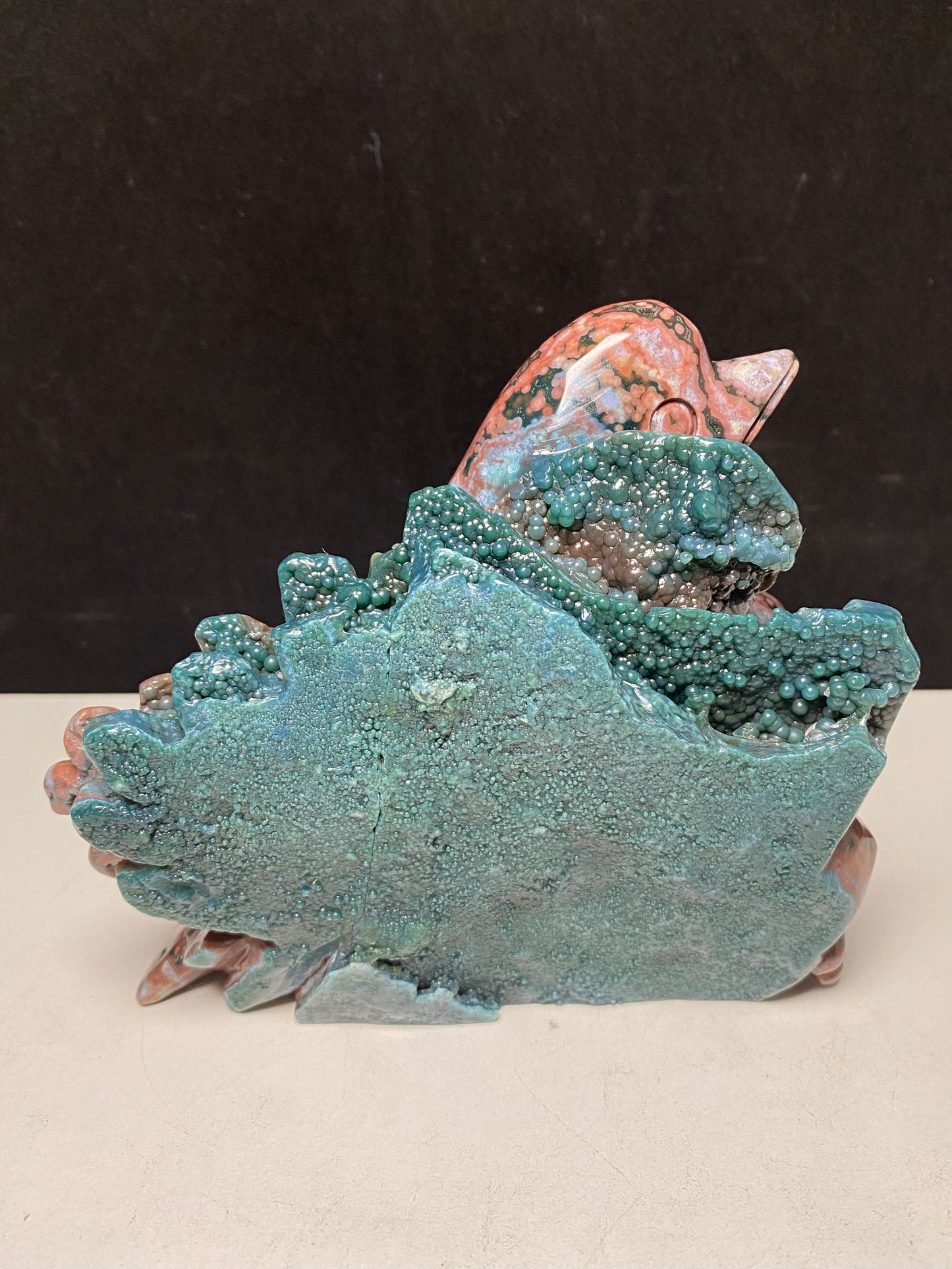 062-Ocean jasper three dolphins carving #1291