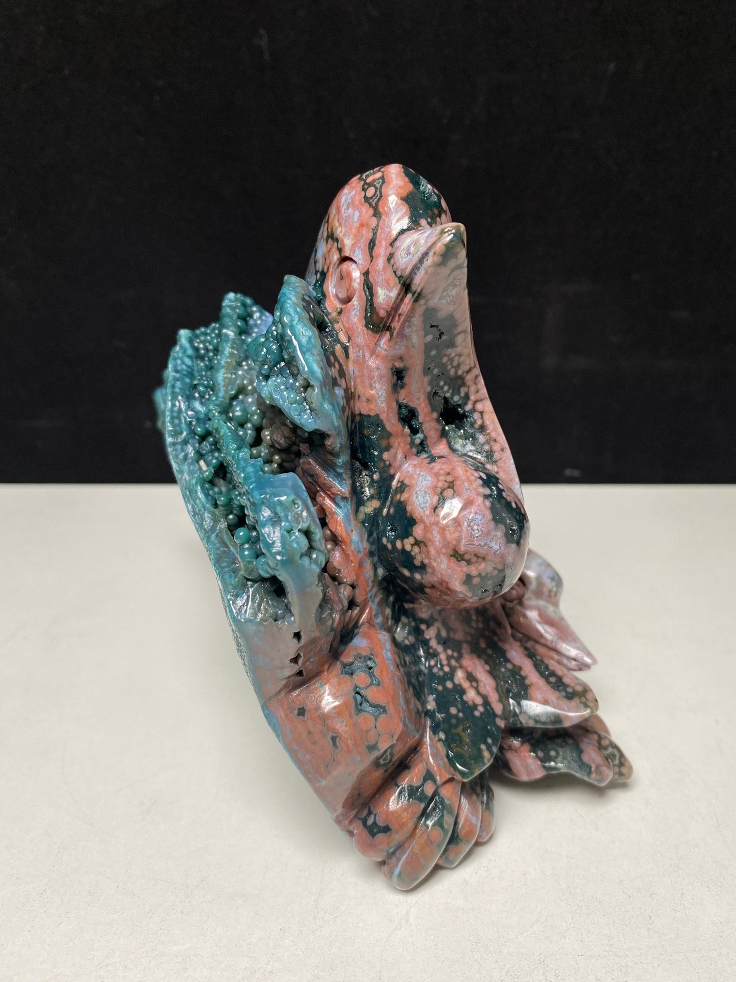 062-Ocean jasper three dolphins carving #1291