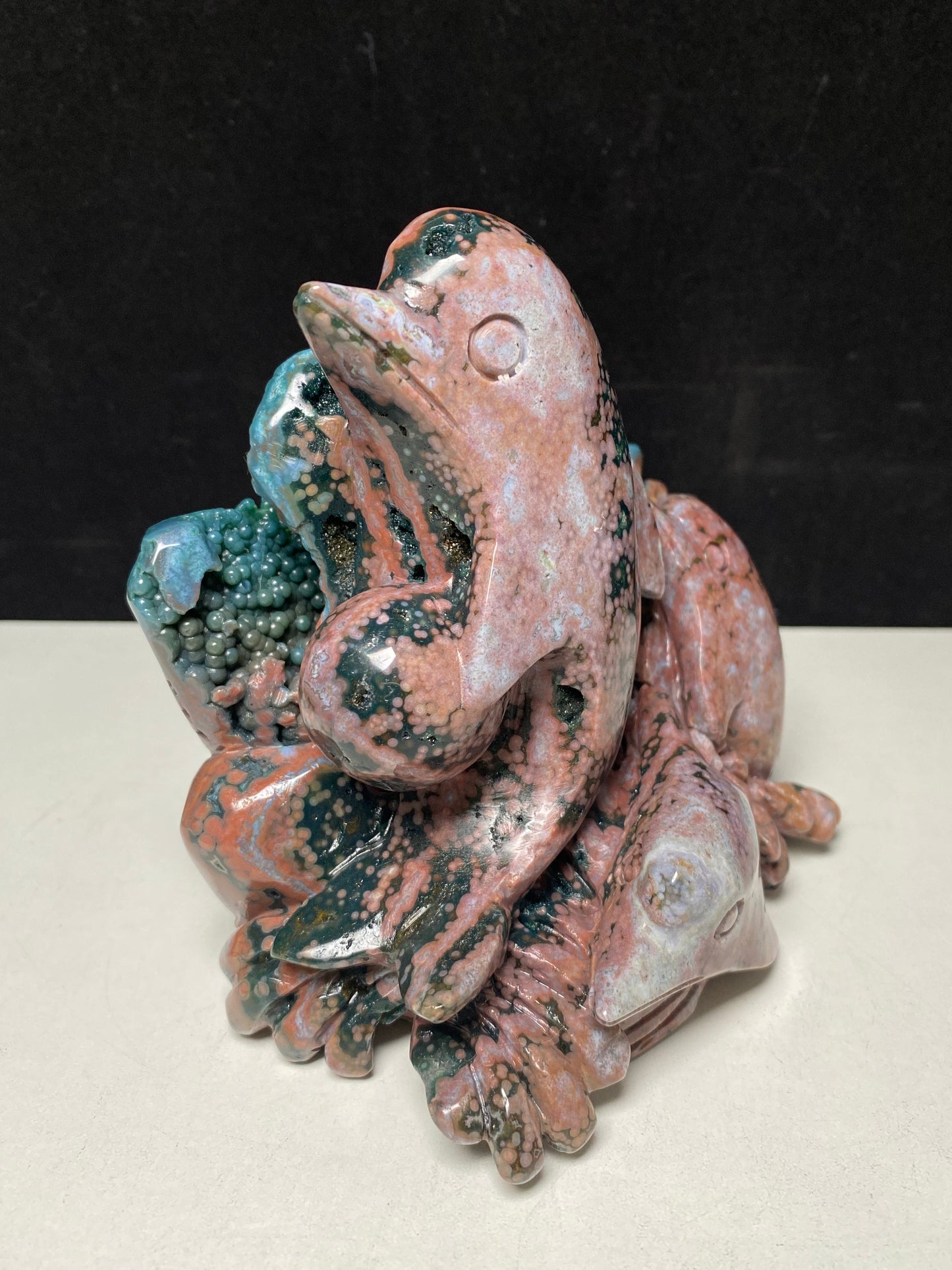 062-Ocean jasper three dolphins carving #1291