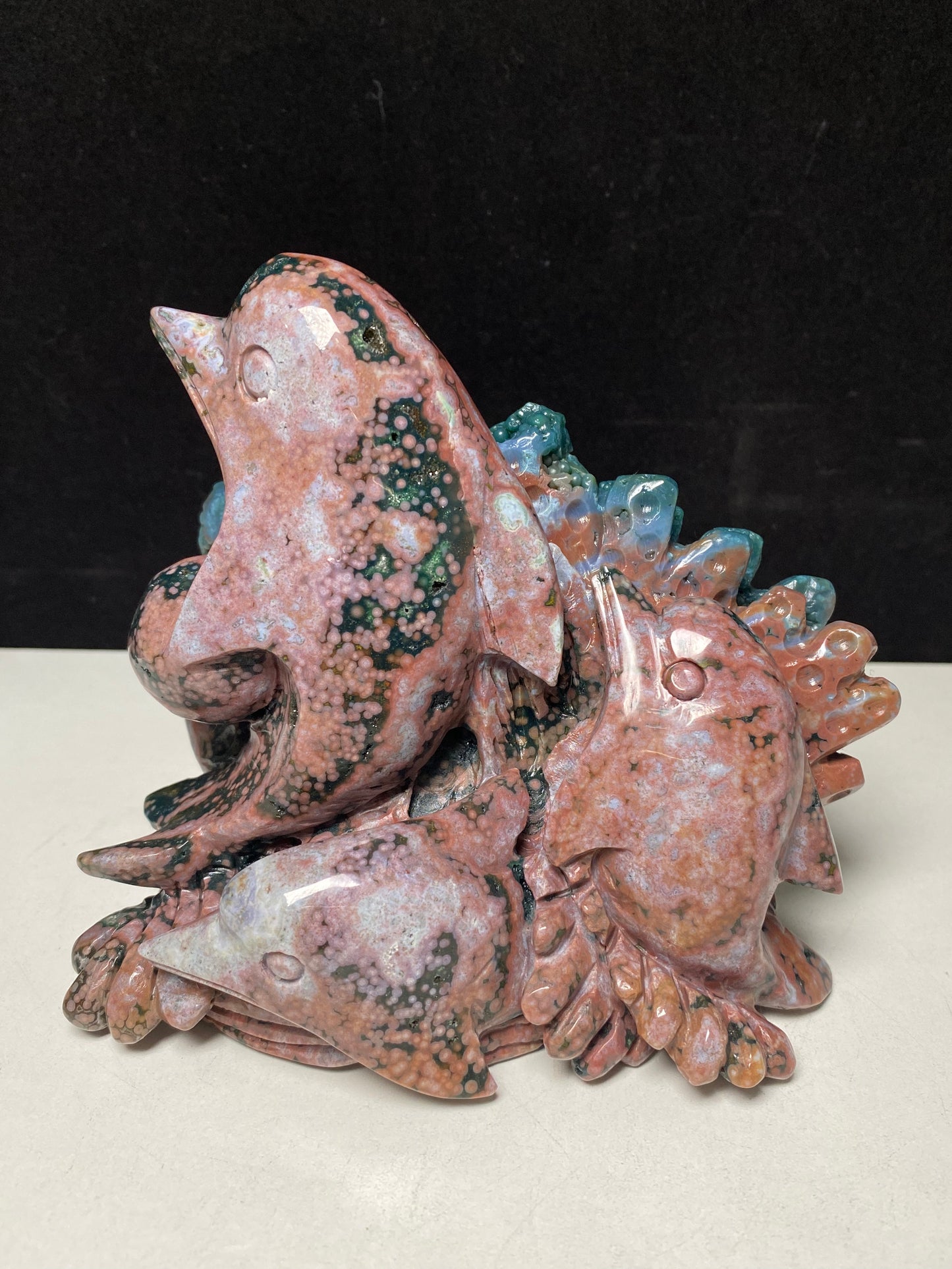 062-Ocean jasper three dolphins carving #1291