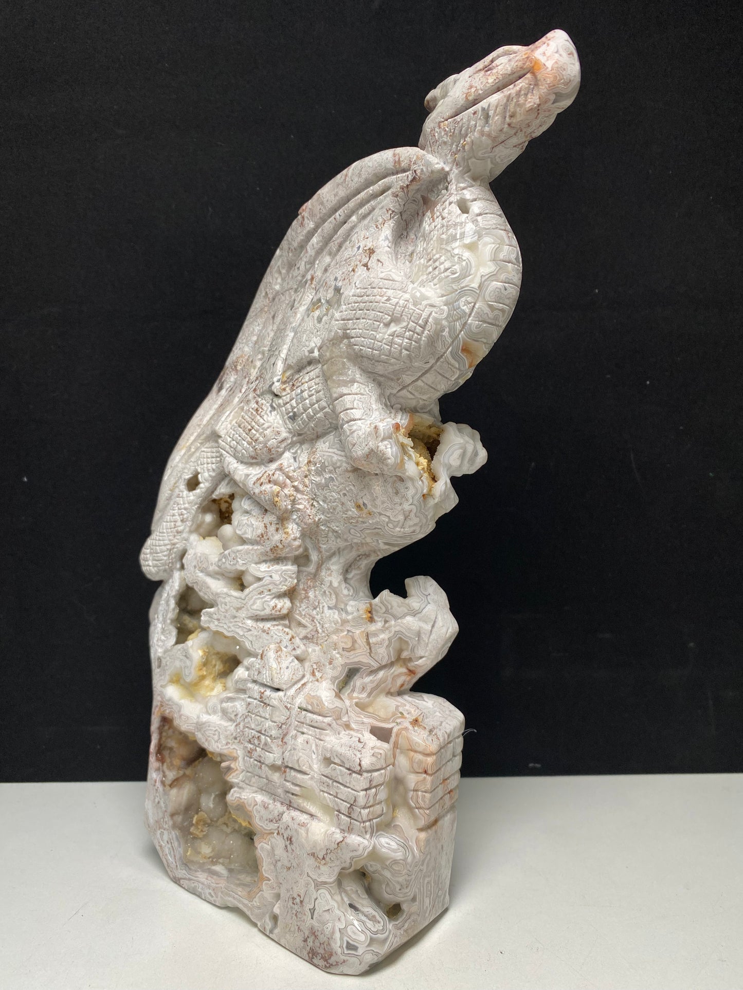 Mexican agate flying dragon on castle carving #2649