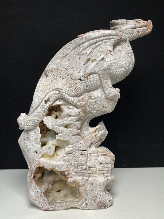 Mexican agate flying dragon on castle carving #2649