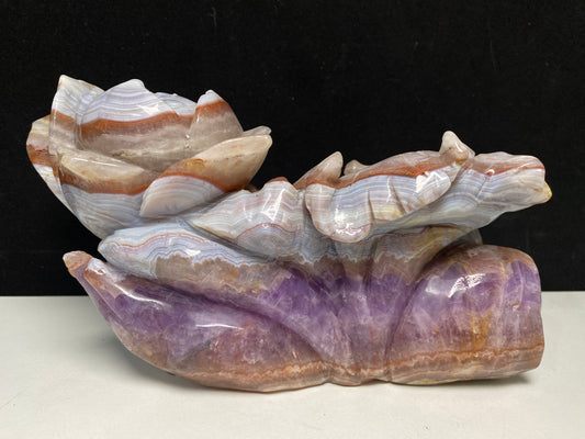 098-Banded amethyst agate fish with lotus carving #2539