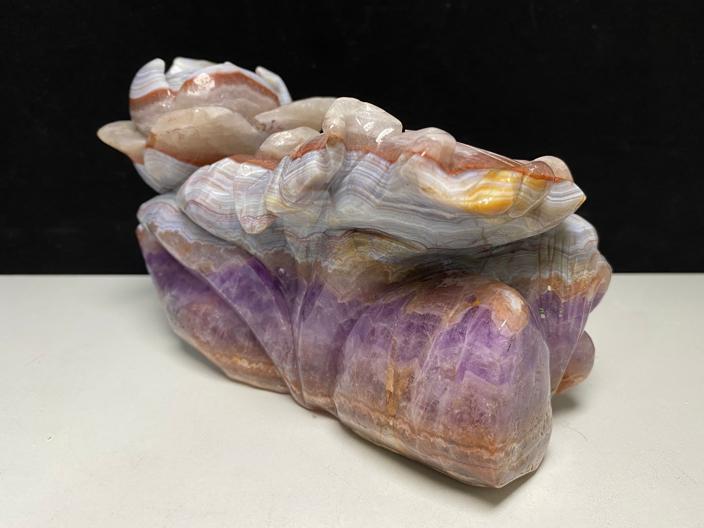 098-Banded amethyst agate fish with lotus carving #2539