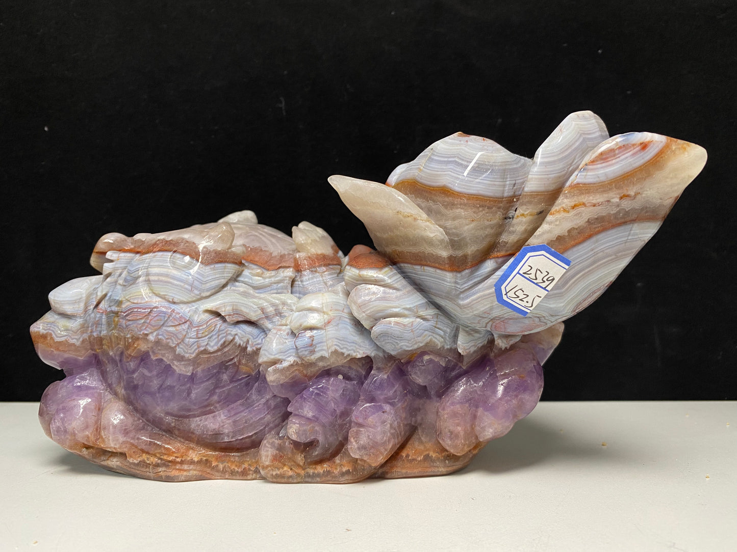 098-Banded amethyst agate fish with lotus carving #2539