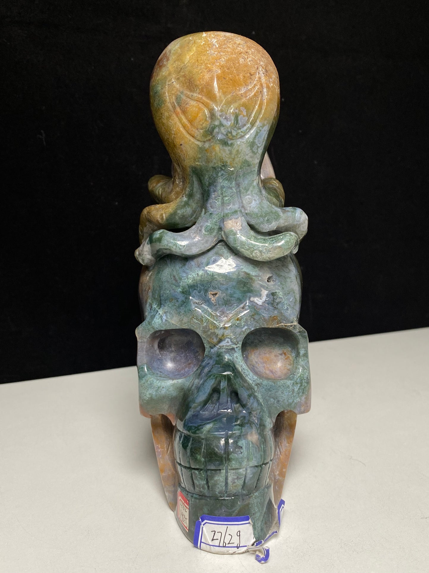 074-Ocean jasper octopus on skull carving #2762
