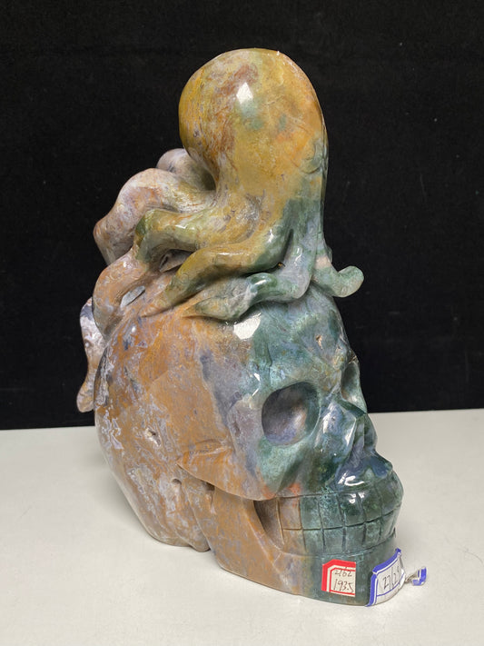 074-Ocean jasper octopus on skull carving #2762