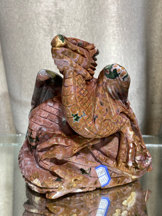 063-Ocean jasper flying dragon on castle carving #1700