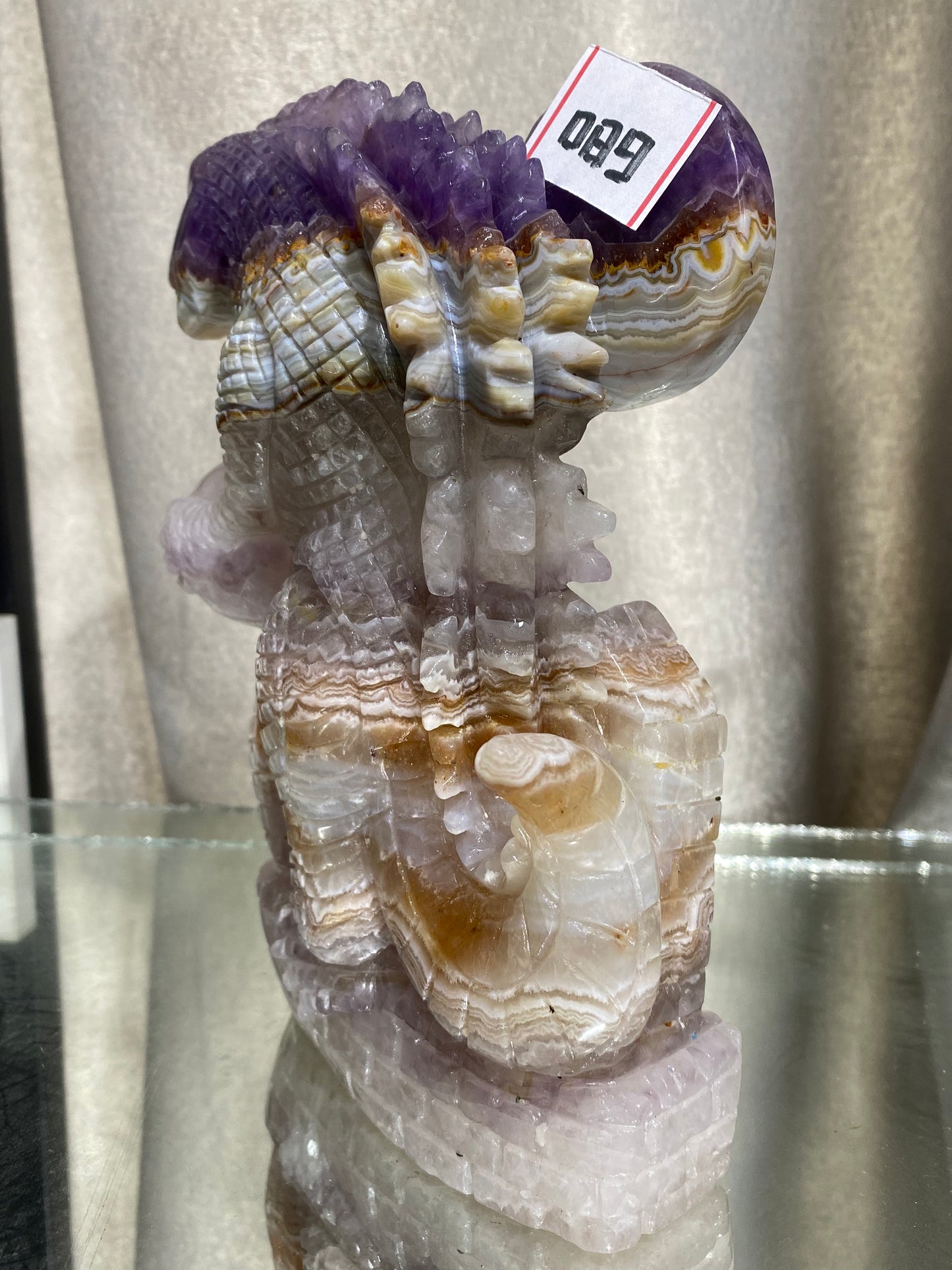 089-Banded amethyst agate dinosaur carving #1732