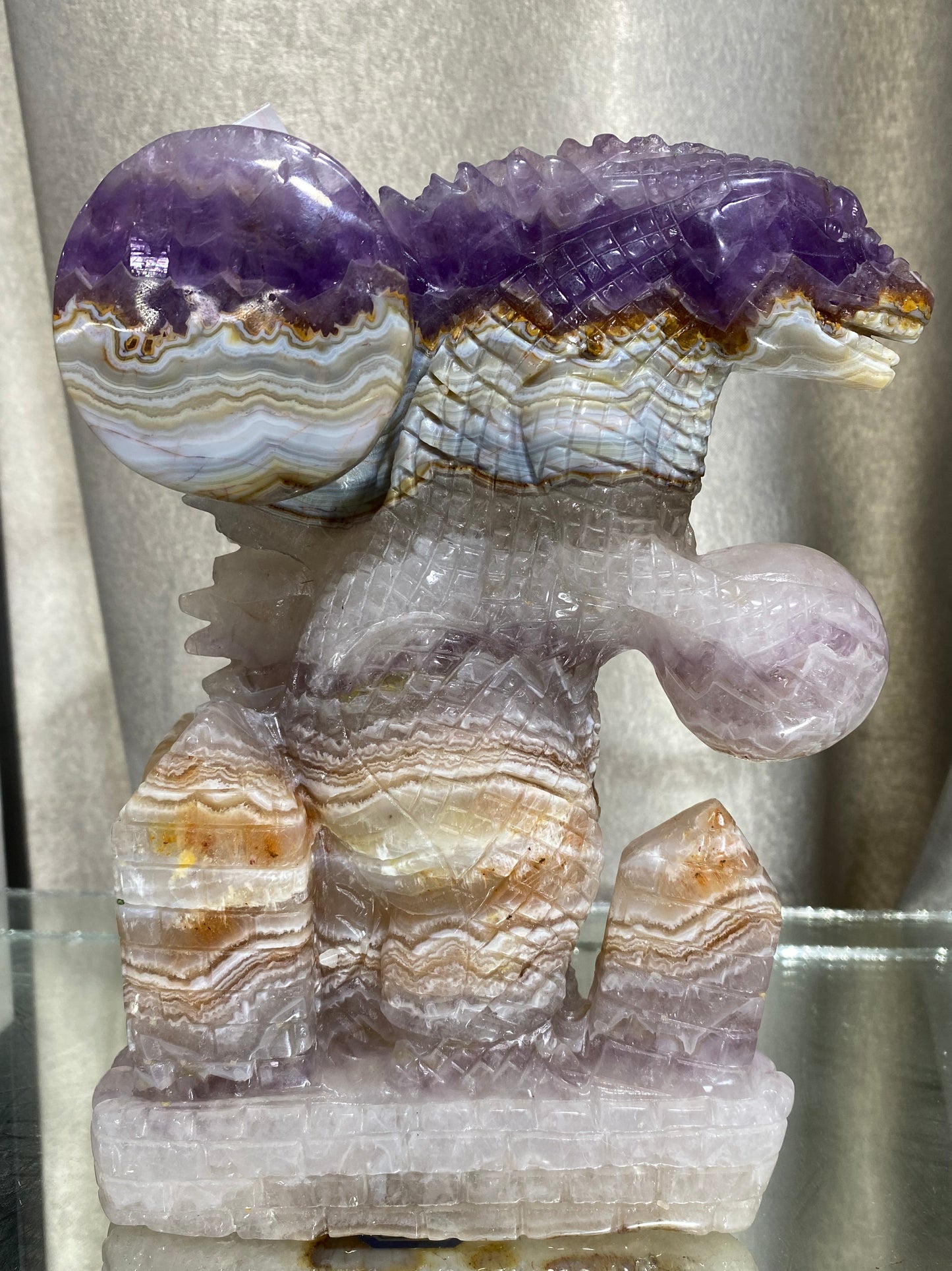 089-Banded amethyst agate dinosaur carving #1732