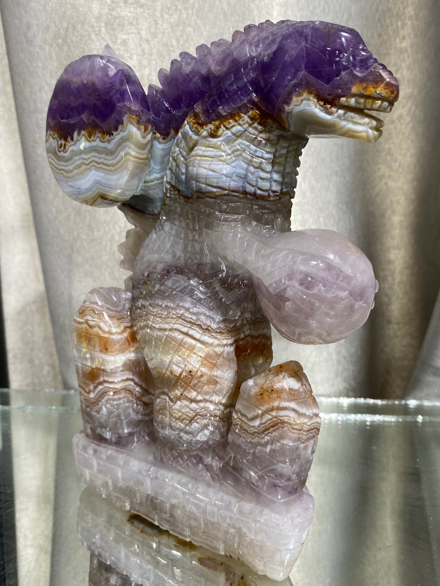 089-Banded amethyst agate dinosaur carving #1732