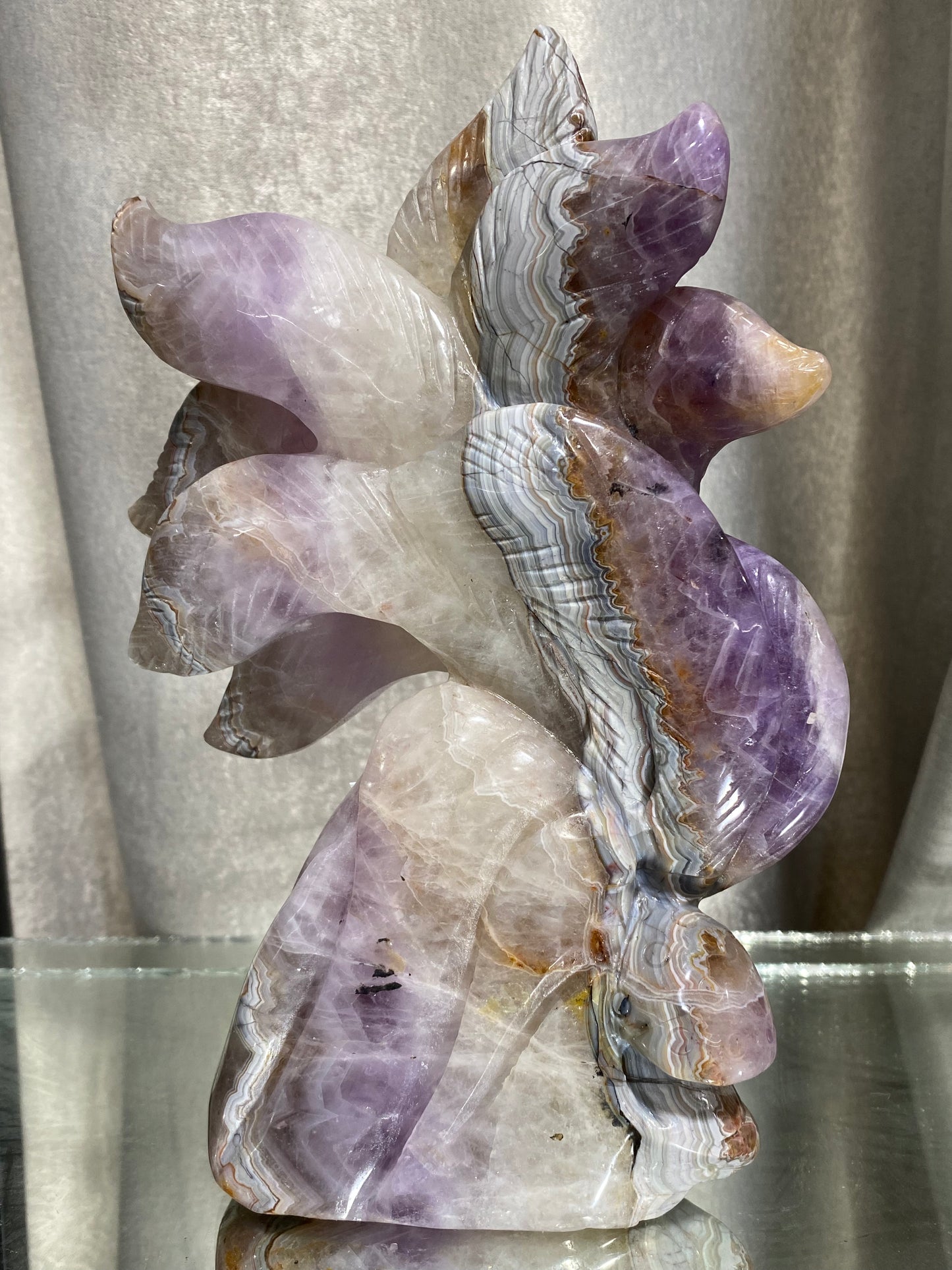093-Banded amethyst agate ninetails fox carving #1639