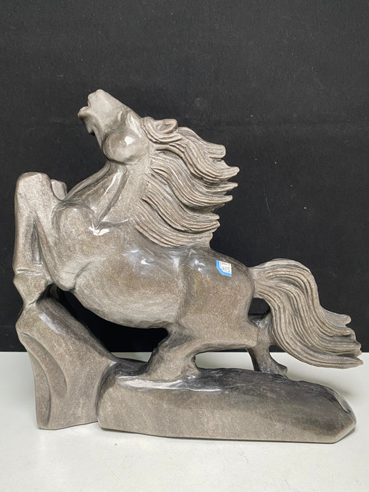 Silver sheen obsidian horse carving #3227