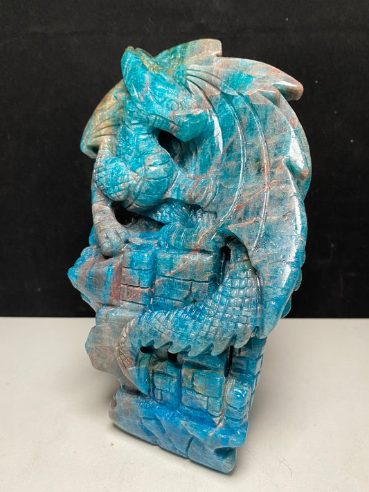 Blue apatite flying dragon on castle  carving #2919