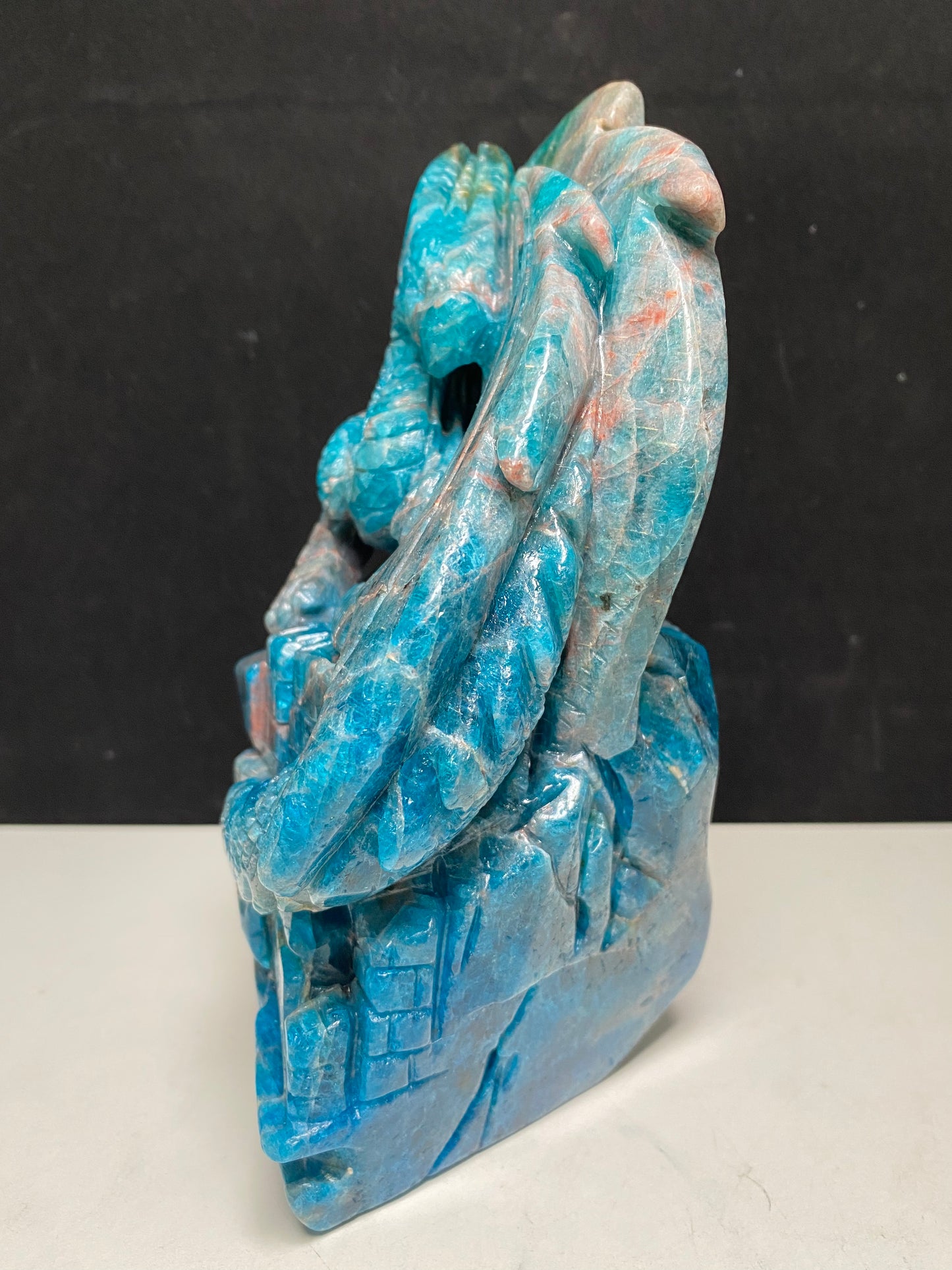 Blue apatite flying dragon on castle  carving #2919