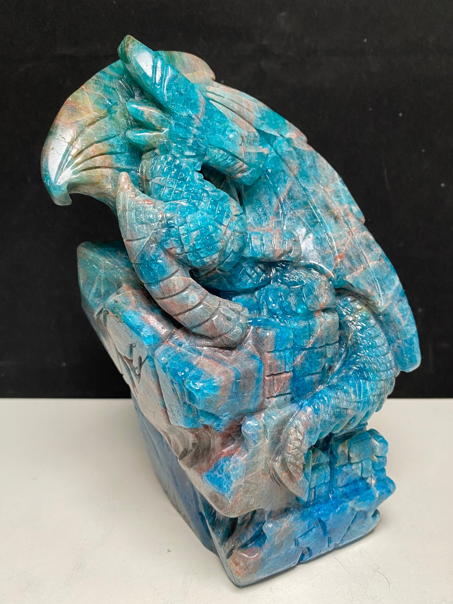 Blue apatite flying dragon on castle  carving #2919