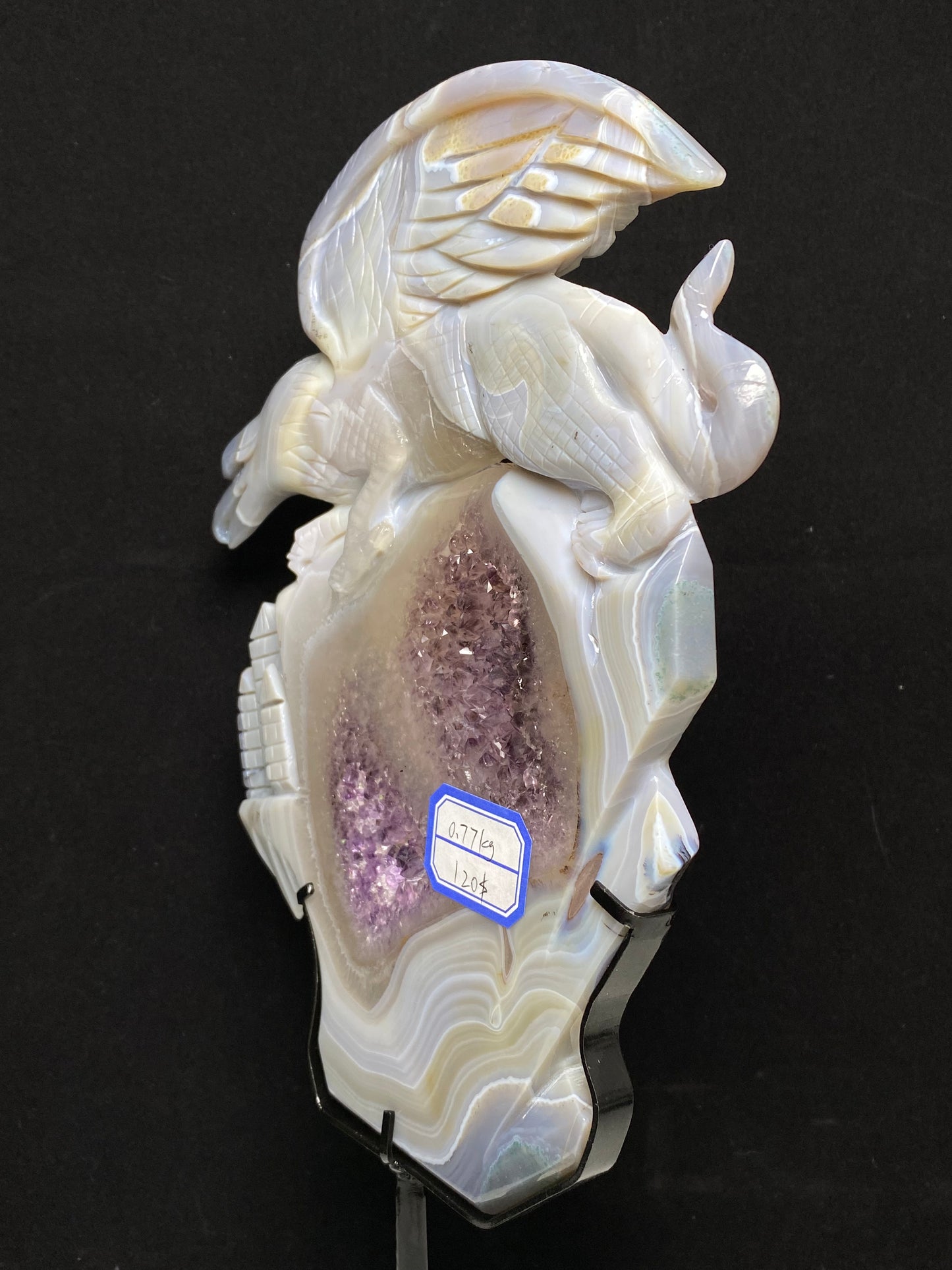 Amethyst agate griffin on castle with stand